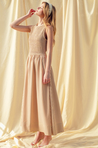 Striped Fabric Smocking Top Long Dress
