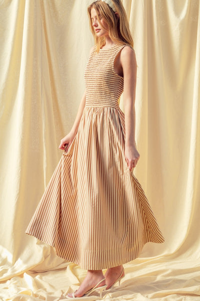 Striped Fabric Smocking Top Long Dress
