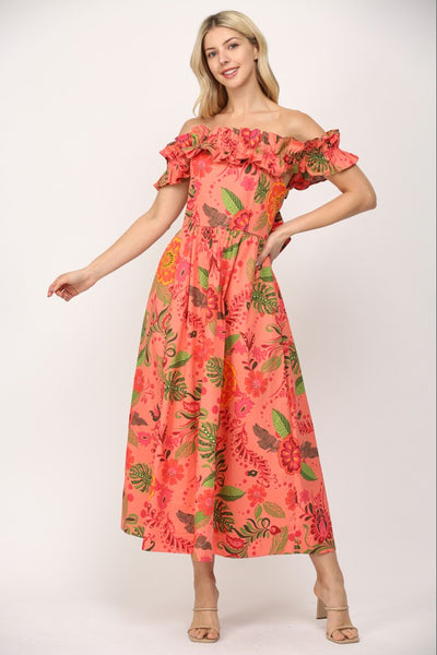 Ruffled Elastic Shoulder / Cut-out Midi Dress