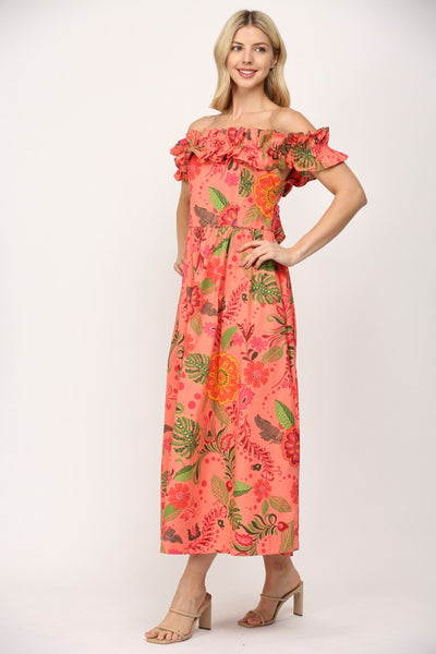 Ruffled Elastic Shoulder / Cut-out Midi Dress