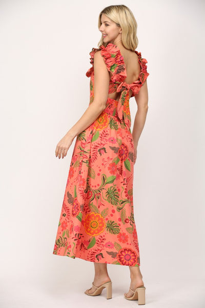 Ruffled Elastic Shoulder / Cut-out Midi Dress
