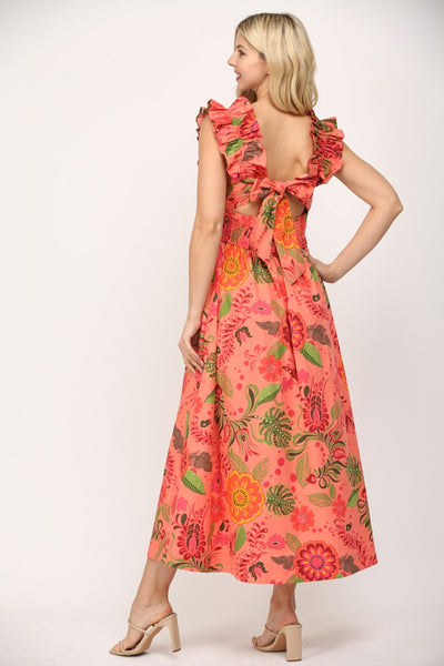 Ruffled Elastic Shoulder / Cut-out Midi Dress
