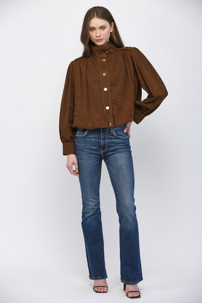 High Stand Collar Gathered Hem Bomber Jacket