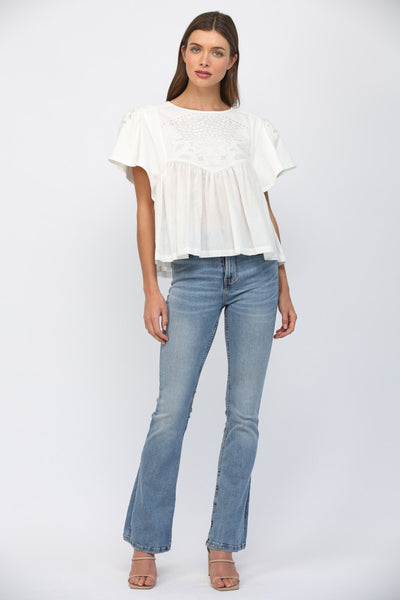 Emb Lace Trimmed Round Neck Sweatshirt Top
