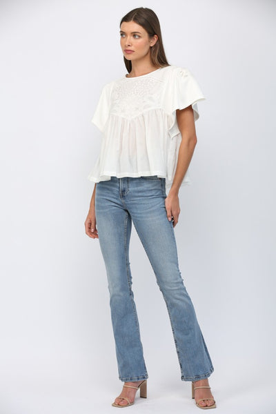 Emb Lace Trimmed Round Neck Sweatshirt Top