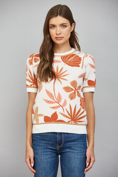 LEAF PATTERN JACQUARD KNIT SHORT SLV SWEATER
