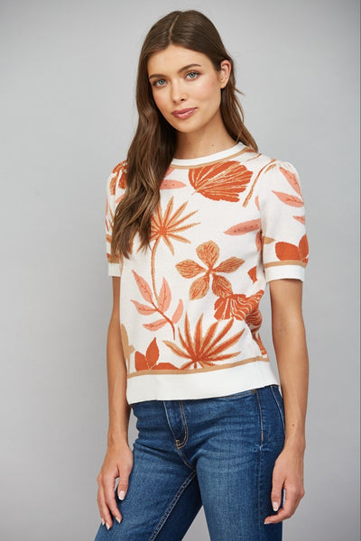 LEAF PATTERN JACQUARD KNIT SHORT SLV SWEATER