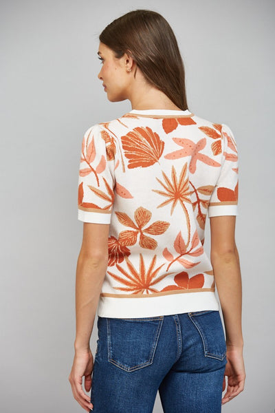 LEAF PATTERN JACQUARD KNIT SHORT SLV SWEATER