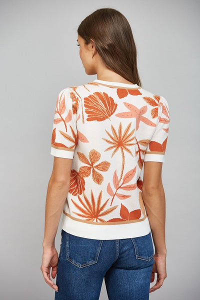 LEAF PATTERN JACQUARD KNIT SHORT SLV SWEATER