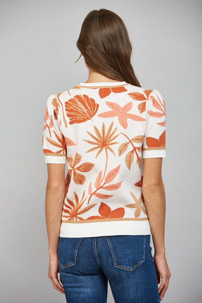 LEAF PATTERN JACQUARD KNIT SHORT SLV SWEATER