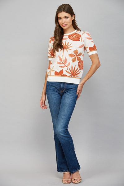 LEAF PATTERN JACQUARD KNIT SHORT SLV SWEATER
