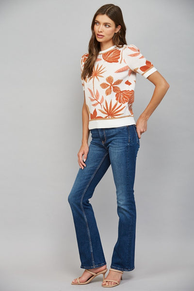 LEAF PATTERN JACQUARD KNIT SHORT SLV SWEATER