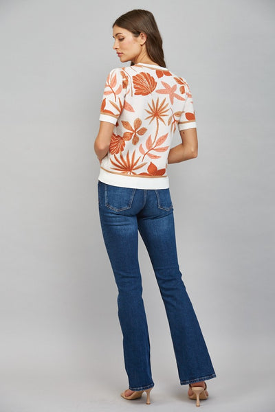 LEAF PATTERN JACQUARD KNIT SHORT SLV SWEATER