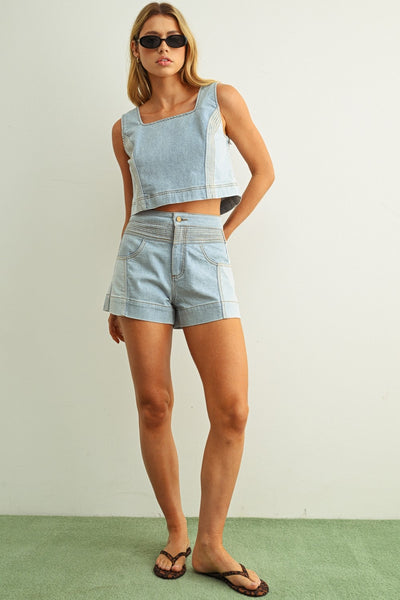 DENIM COLOR BLOCKED SHORTS