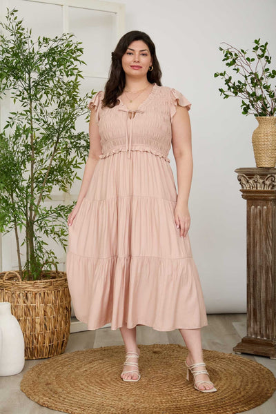 Plus Smocked Front Tie Ruffled Tiered Midi Dress