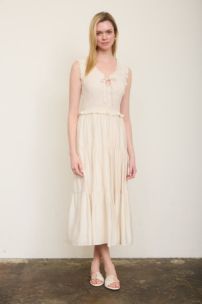 Plus Smocked Front Tie Ruffled Tiered Midi Dress
