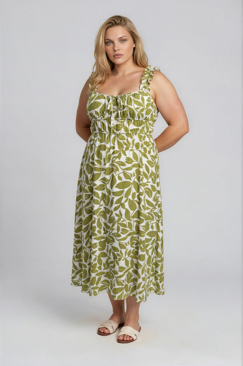 Plus Leaf Print Ruffle Strap Shirred Waist Dress
