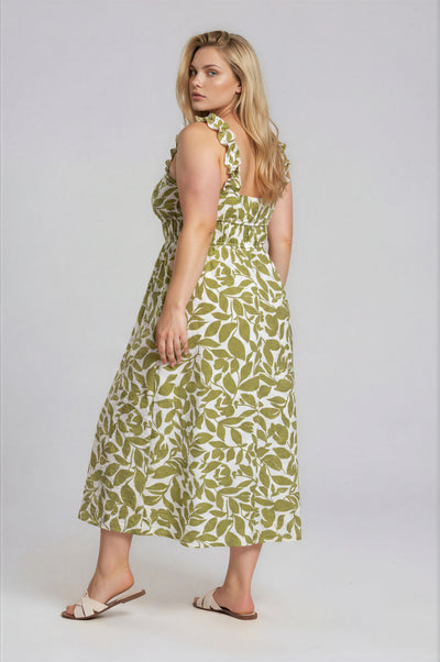 Plus Leaf Print Ruffle Strap Shirred Waist Dress