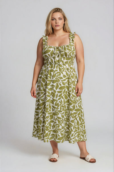 Plus Leaf Print Ruffle Strap Shirred Waist Dress