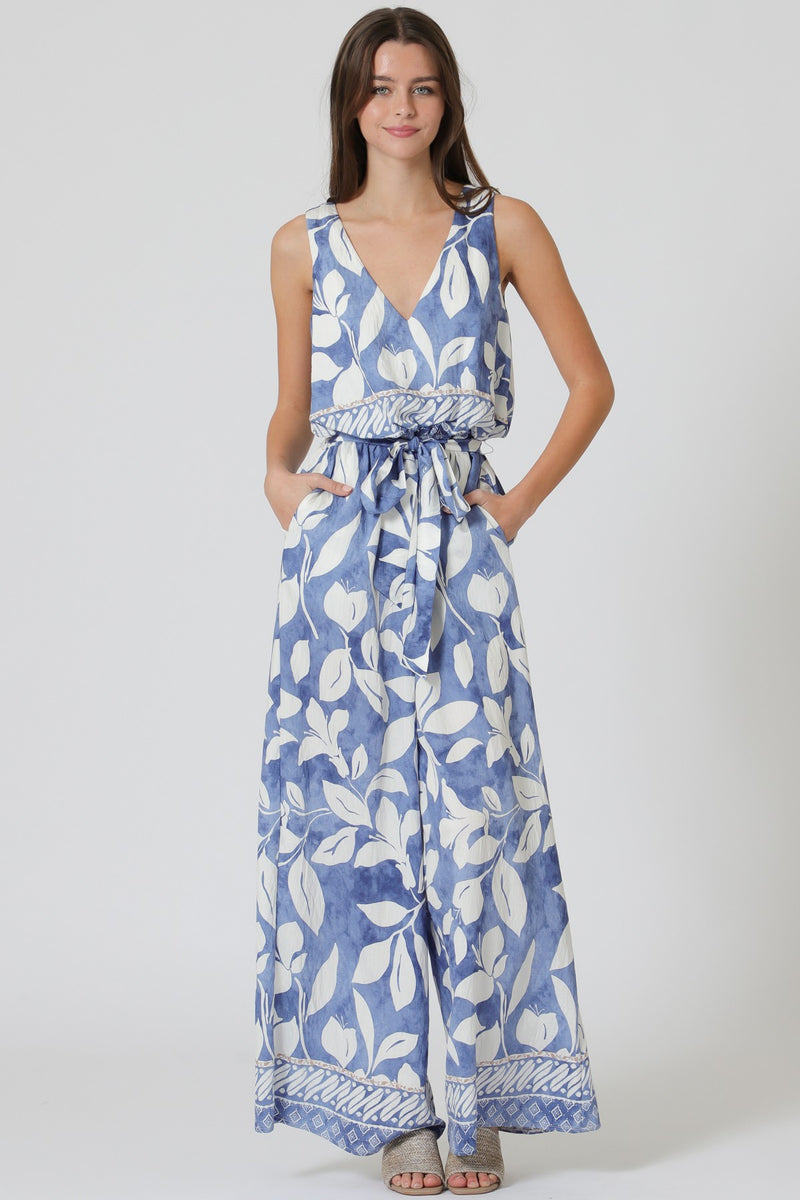 Sleeveless Elastic Waisted Belted Jumpsuit