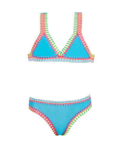 Kids Turquoise Rainbow Embroidered Bikini