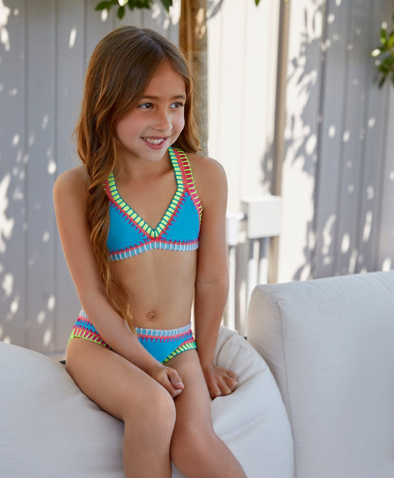 Kids Turquoise Rainbow Embroidered Bikini