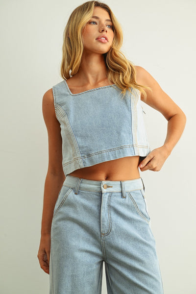 DENIM COLOR BLOCKED SLEEVELESS TOP