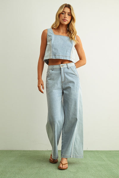 DENIM COLOR BLOCKED SLEEVELESS TOP
