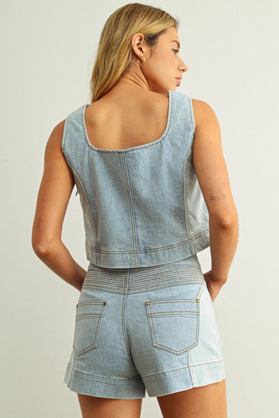 DENIM COLOR BLOCKED SLEEVELESS TOP