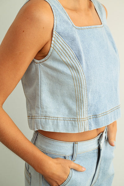 DENIM COLOR BLOCKED SLEEVELESS TOP