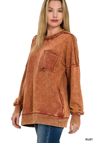 F/Terry Acid Wash Raw Edge Front Pocket Pullover