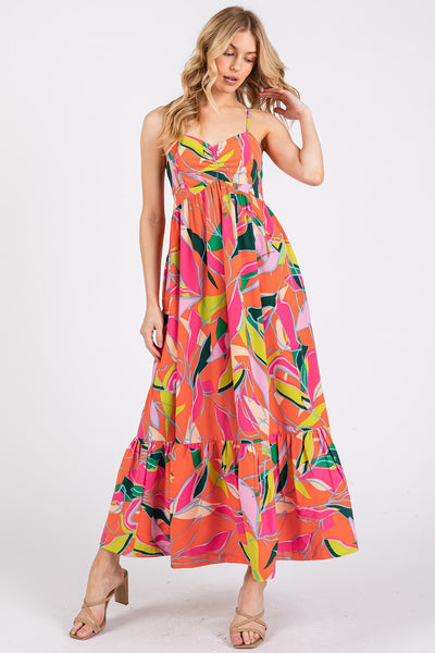 Multicolor Leaf Print Tie Back Maxi Dress