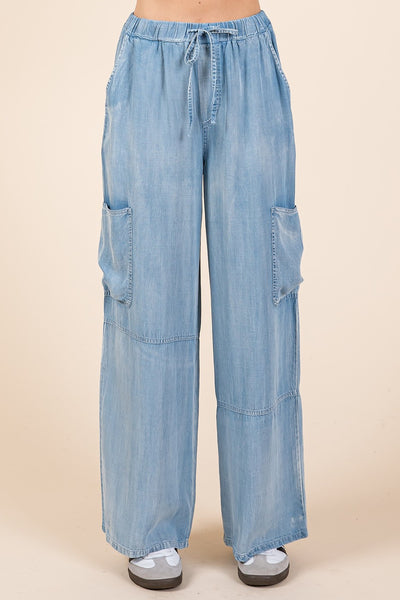 Washed Chambray Elastic Waist Cargo Wide Leg Pants