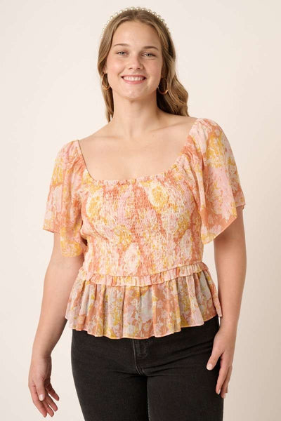 Plus Flower Print Smocking Detail Blouse