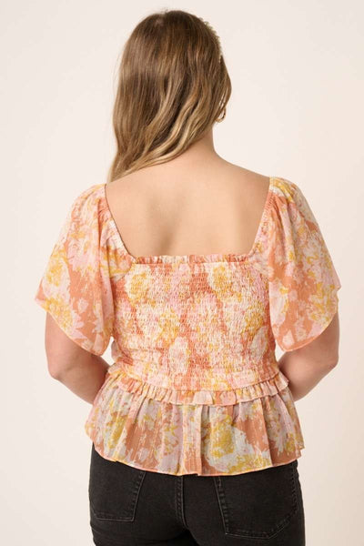 Plus Flower Print Smocking Detail Blouse
