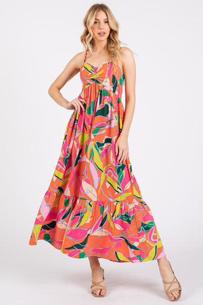 Multicolor Leaf Print Tie Back Maxi Dress