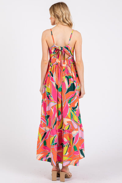 Multicolor Leaf Print Tie Back Maxi Dress