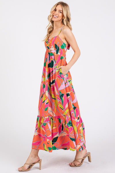 Multicolor Leaf Print Tie Back Maxi Dress