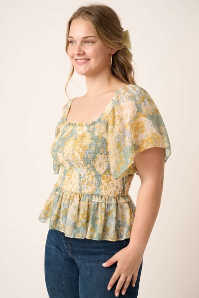 Plus Flower Print Smocking Detail Blouse