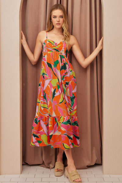 Multicolor Leaf Print Tie Back Maxi Dress