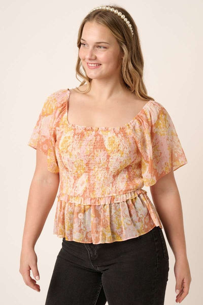 Plus Flower Print Smocking Detail Blouse