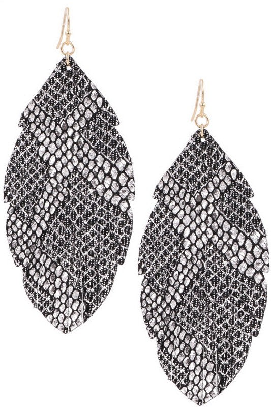 Metallic Faux Leather Feather Earrings