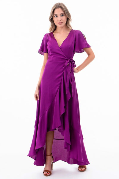 Ruffle Wrap Magenta Maxi Dress