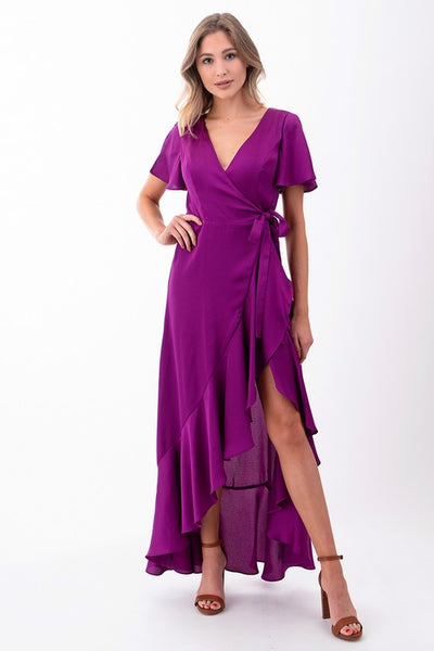 Ruffle Wrap Magenta Maxi Dress