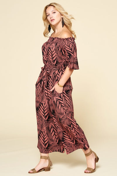 Plus Size Tropical Palm Leaf Printed Jumpsuit
