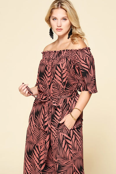 Plus Size Tropical Palm Leaf Printed Jumpsuit