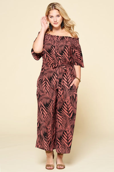 Plus Size Tropical Palm Leaf Printed Jumpsuit