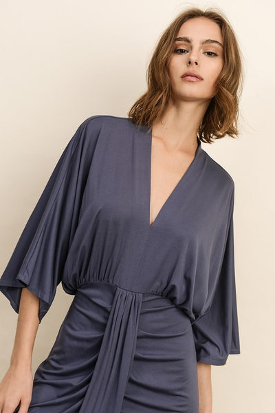 V-Neck Ruched Midi Dress