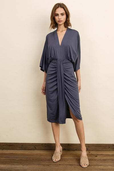 V-Neck Ruched Midi Dress