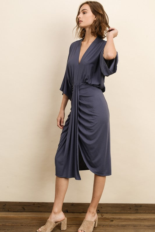 V-Neck Ruched Midi Dress